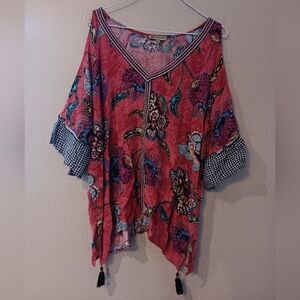 DEMOCRACY Blouse SZ Large Pink Tasseled Floral Boho Cottagecore Peep Shoulder